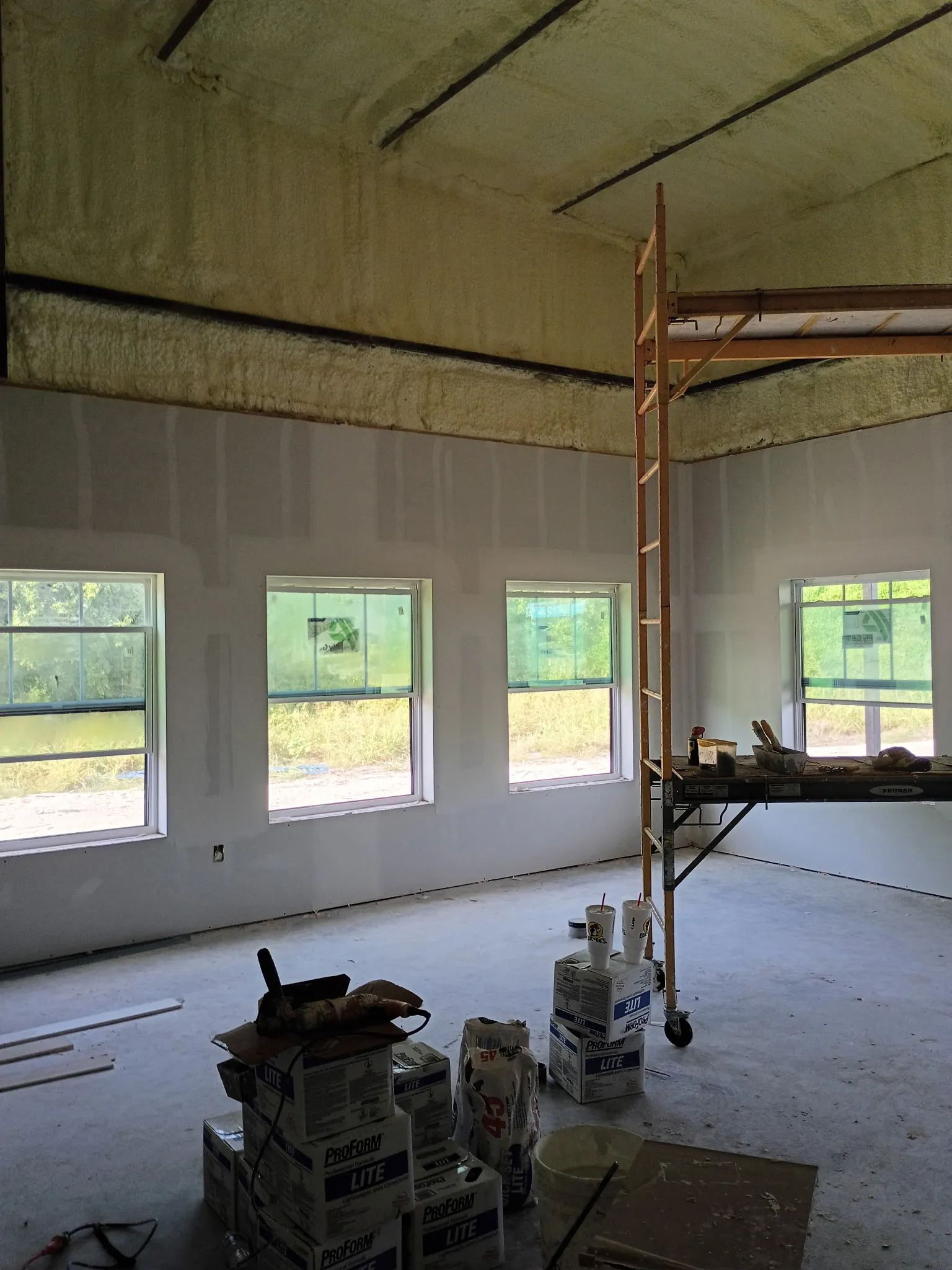 Vaulted living area with four windows, drywall, and spray-foam roof insulation.