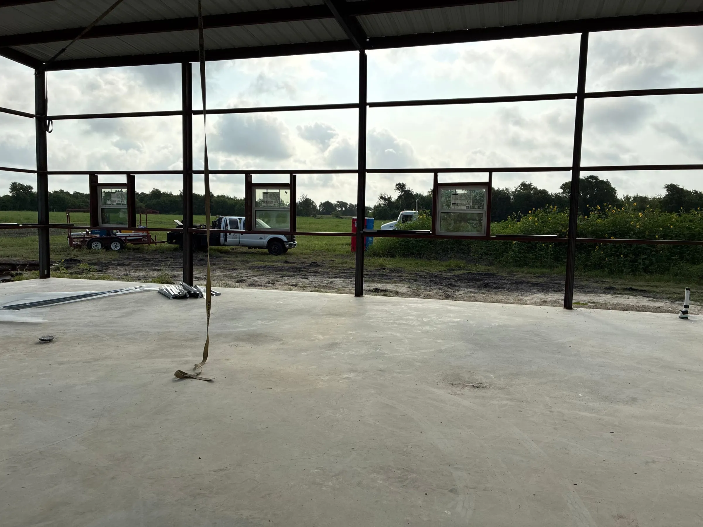 Interior view through the steel frame after roof panels were installed.